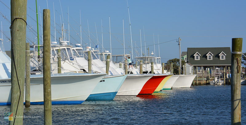 Fishing boats line marina docks in Hatteras NC