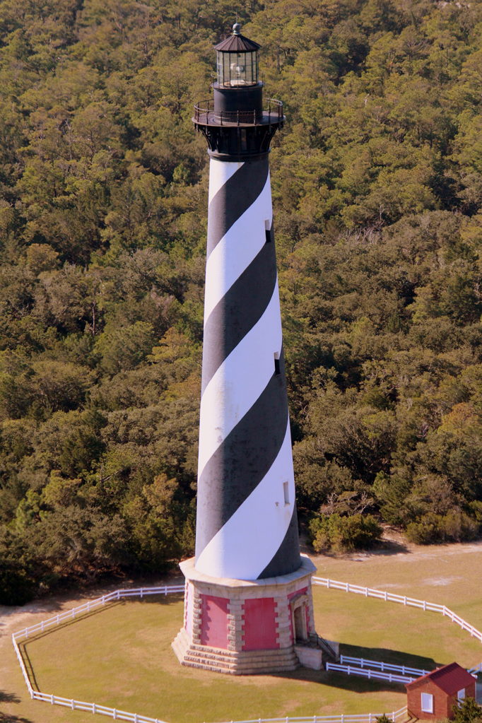 An aerial photo of the Cape Hatteras Lighthouse from OBX Biplanes