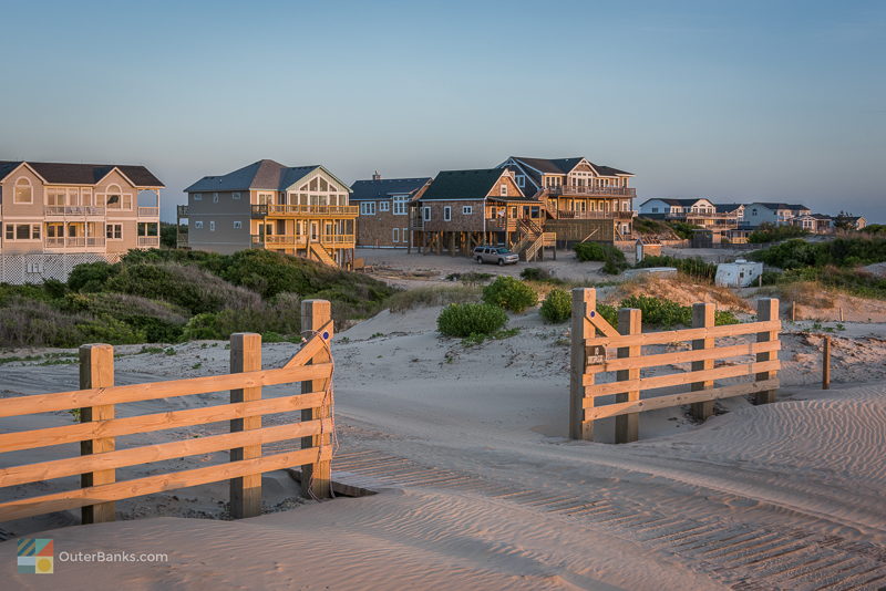 Homes along Carova beach at sunrise