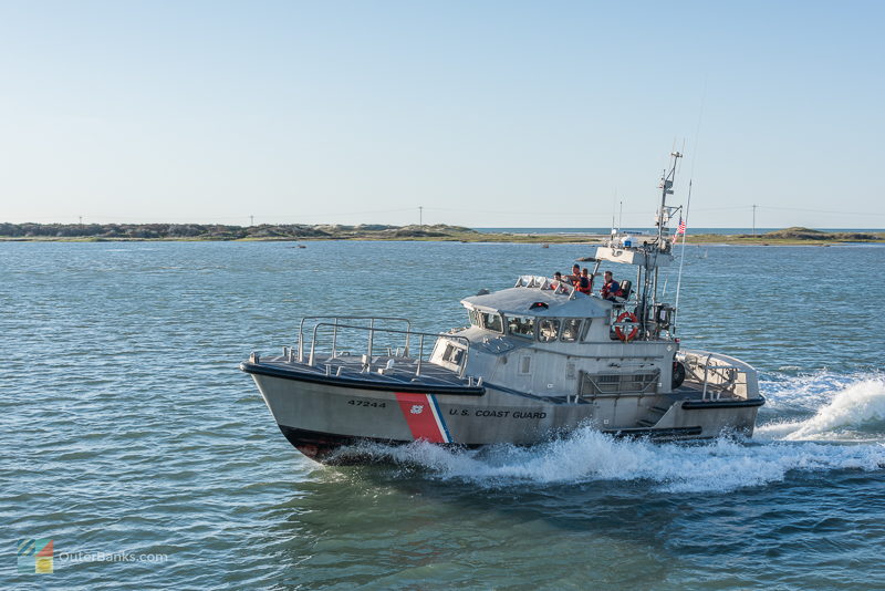 A Coast Guard boat leaving Hatteras Inlet