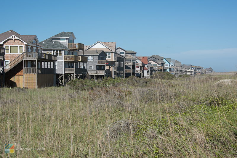 Oceanfront homes line the beach in Frisco, NC