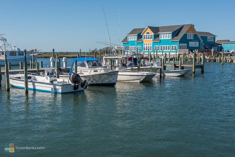 A marina with fishing boats on Hatteras Island