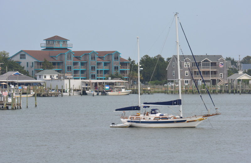 A sailboat at anchor in Ocracoke Harbor