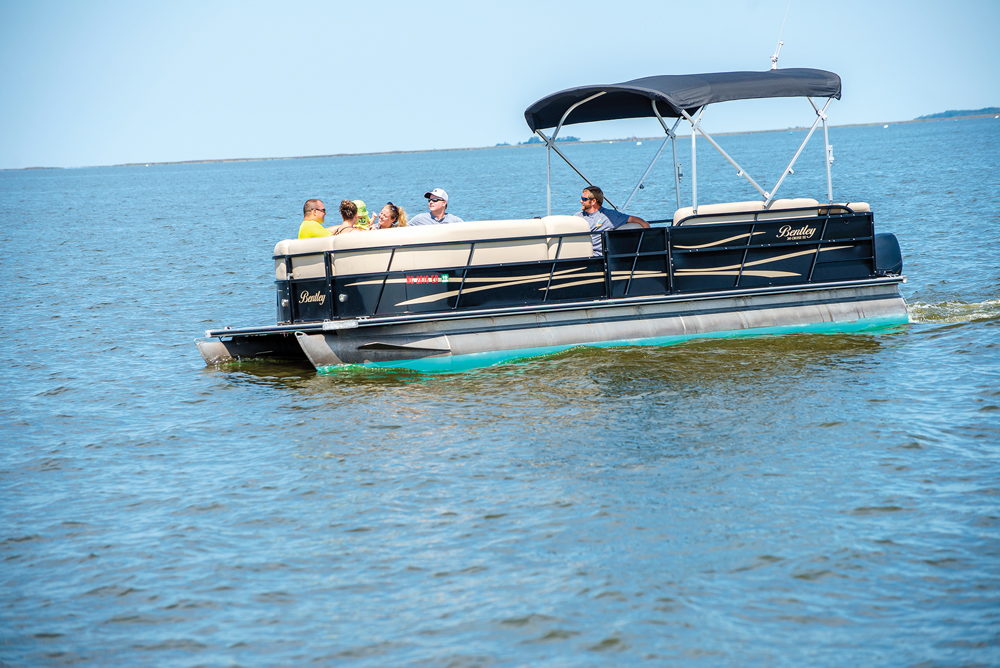 A pontoon boat from Nor’Banks Sailing & Watersports