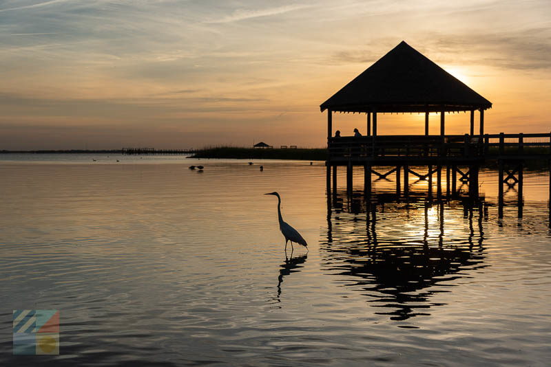 A public gazebo over Currituck Sound at sunset. Historic Corolla Park. Corolla, NC